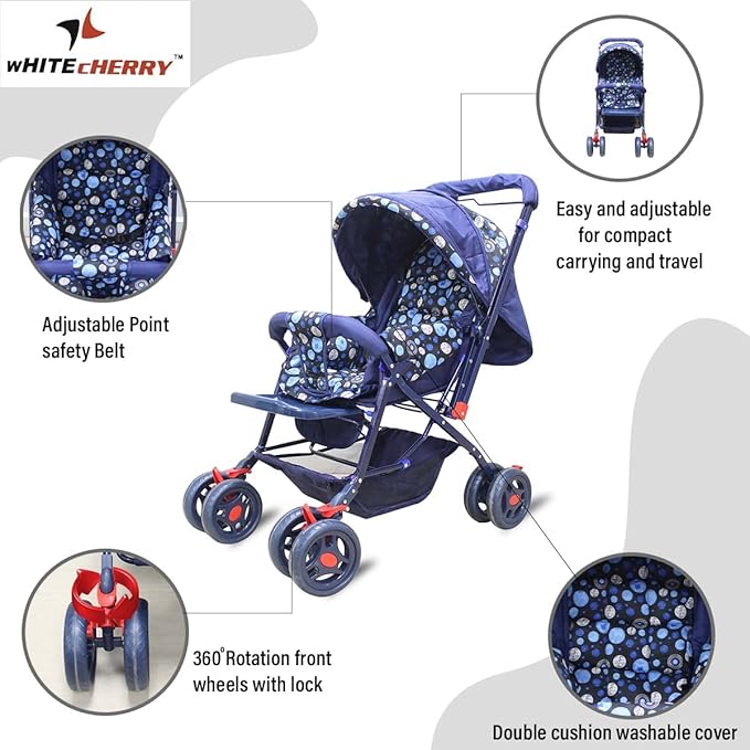 White Cherry Baby Stroller Pram Easy Fold for Newborn Baby/Kids Reversible Handle Bracker 360 Degree Rotation Wheel Easy Carry Travel
