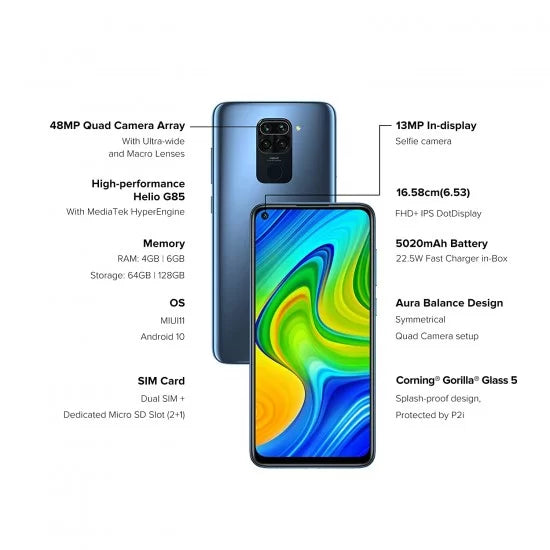 REDMI NOTE 9 PEBBLE GREY, 4GB RAM 64GB STORAGE Refurbished